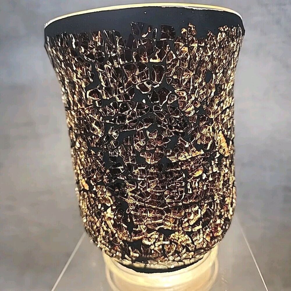 Amber Crackle Mosaic Glass Hurricane Candle Holder 6” Tall